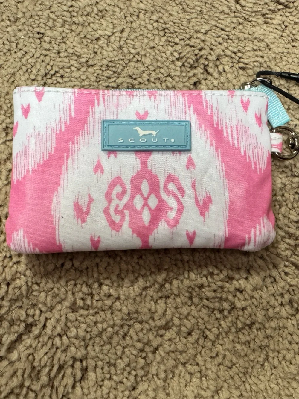 Scout Pink and White Patterned Wristlet with Blue Logo